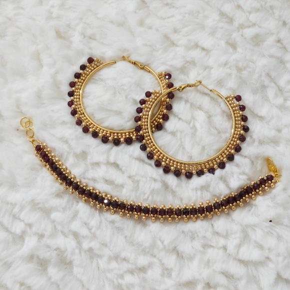 Handmade Jewelry - Elegant Garnet and Gold Beaded Jewelry Set-Handmade